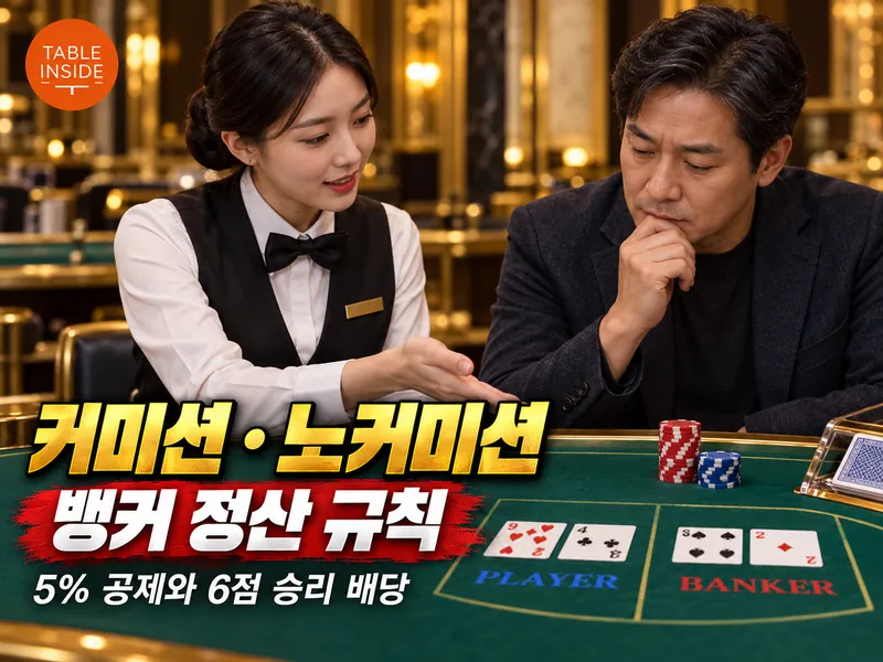 바카라 딜러가 칩 정산을 설명하는 모습과 커미션·노커미션 뱅커 정산 규칙 문구