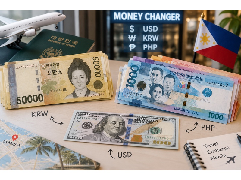 원화 5만원권, 미국 달러, 필리핀 페소 환전 비교