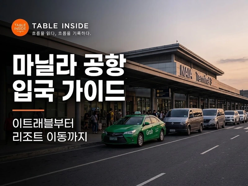 마닐라 공항 입국장 전경과 그랩 차량, 이트래블 안내가 포함된 마닐라 공항 입국 가이드 썸네일