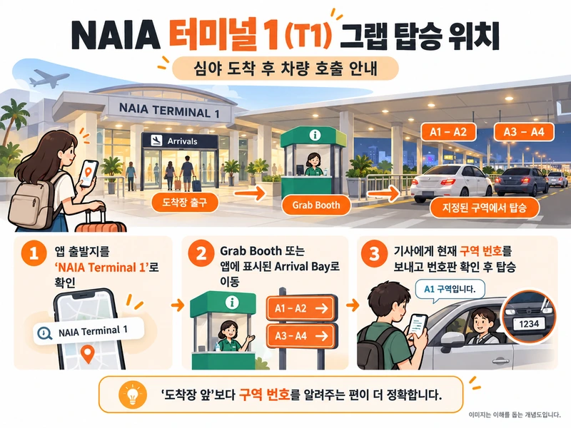 마닐라 공항 터미널 1 그랩 부스와 승차 구역을 안내하는 개념도