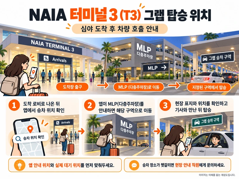 마닐라 공항 터미널 3 다층주차장 이동과 그랩 탑승 절차를 안내하는 개념도